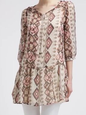 Vero Moda Pink, Brown & Cream Printed Boho tunic sheer Blouse size Small